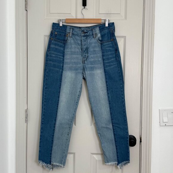 American Eagle Vintage High Rise Jeans Womens 12 Blue Patchwork Y2K Hippie - Picture 1 of 14